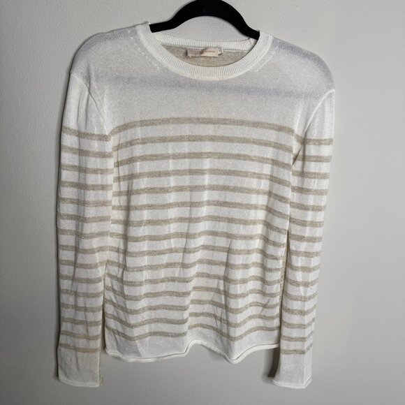Tory Burch Women's Small Cream White Striped Metallic Knit Long Sleeve Top Cozy‎ - Picture 2 of 5